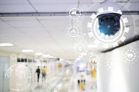 CCTV cameras and airport icons security and anti-theft systems. Smart cameras can record video at any time with the automatic digital eyes. Surveillance system.の写真素材