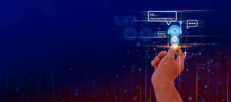 Hand touching digital chatbot for provide access to information and data in online network, robot application and global connection, AI, Artificial intelligence, innovation and technology.の写真素材