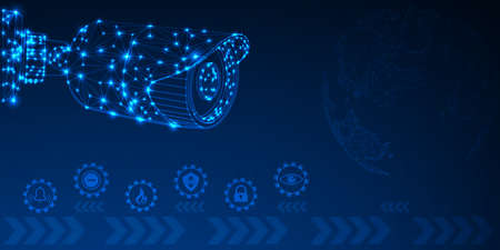 Modern CCTV, the concept of surveillance and monitoring. Abstract Low Poly Wireframe Mesh Design From Connection Points and Lines Futuristic design illustration on dark blue background.の写真素材