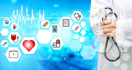 Female doctor with stethoscope and icon medical on hospital background,  healt care icon. Medical technology network conceptの写真素材
