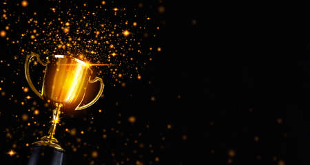 Champion golden trophy isolated on black background. Concept of success and achievement.の写真素材