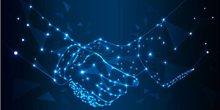 Handshake abstract image. Handshake in the form of a starry sky and consists of points, lines and shapes in the form of planets, stars, particles connected to form geometric shapes.の写真素材