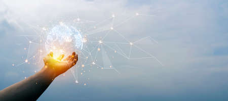Hands holding global network and data customer connection, Digital marketing, Social Media, Internet business, Social networking and communication network on worldwide.の写真素材