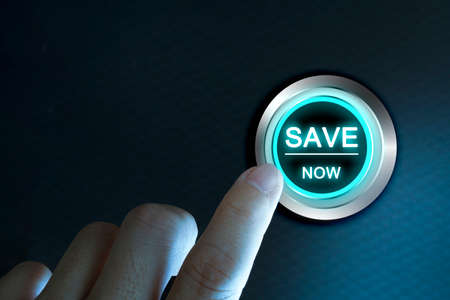 Man pushing a start button with the text save now. Concept of car offers or discount. Composite image between a finger photography and a 3D background.の写真素材