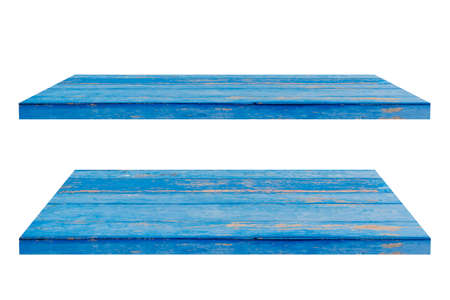 Vintage blue wooden shelf with two styles on white isolated background.の写真素材