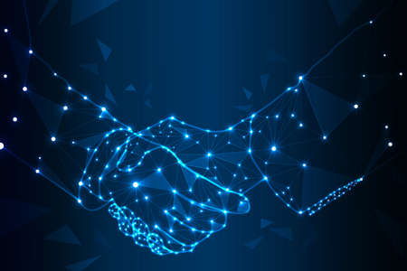 Handshake Abstract image Handshake in the form of a starry sky and consists of points, lines and shapes in the form of planets, stars, particles connected to form geometric shapes.の写真素材
