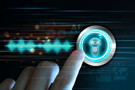 Finger about to press button on touching digital chatbot for provide access to information, robot application and global connection, AI, Artificial intelligence, innovation and technology.の写真素材