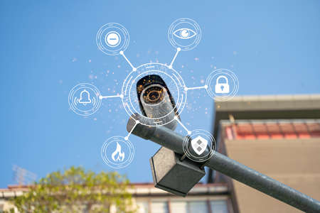 Surveillance CCTV at the ceiling outside the office building, the smart camera can record video day and night. This will keep you safe from digital thieves, explore the anti-theft system.の写真素材