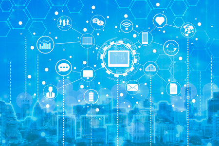 Social Media Communication Internet Network Connection City Skyscraper View Cityscape Backgroundの写真素材