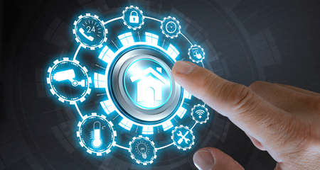 Businessman's finger pressing the button to indicate the start, home. Smart home Automation Control System. Innovation technology internet Network Concept.の写真素材