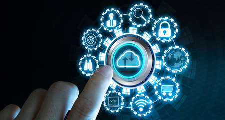 Cloud computing concept - connect to cloud. Businessman or information technologist click on cloud computing icon.の写真素材