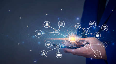 Digital online marketing, Businessman using tablet and analysis sale data graph growth on modern interface icons on strategy, Solution analysis and development contents on global network connection.の写真素材