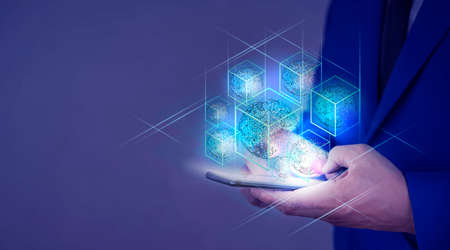 Creative, abstract background, technology blockchain, ultraviolet background. The concept of cryptography, electronic money, Internet protection. Copy space.の写真素材