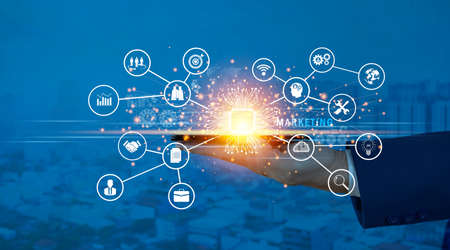 Digital online marketing, Businessman using tablet and analysis sale data graph growth on modern interface icons on strategy, Solution analysis and development contents on global network connection.の写真素材