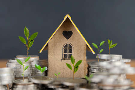 House model on coins saving for concept investment mortgage fund finance and interest rate home loan. Coins stack of money and plant growing up on coins to show conceptの写真素材