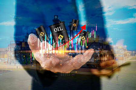 Future factory plant and energy industry concept in creative graphic design. Oil, gas and petrochemical refinery factory with double exposure arts showing next generation of power and energy business.の写真素材