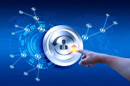 Businessman hand using social network interface and glowing human resource conceptの写真素材