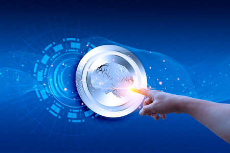 Finger on button brain and network connection on glitter bright lights colorful backgroundの写真素材