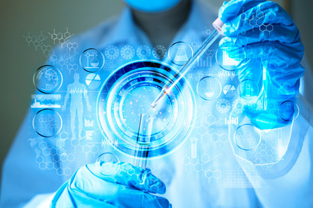Genetic research and Biotech science Concept. Human Biology and pharmaceutical technology on...