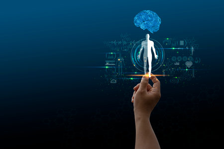 Medicine doctor touching electronic medical record. Digital healthcare and network connection on hologram modern virtual screen interface, medical technology and network concept.の写真素材