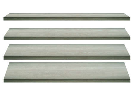 nature broen wooden shelf or table top in four step view can be used for display or montage your products.Mock up for display of product. Isolate on white backgroundの写真素材