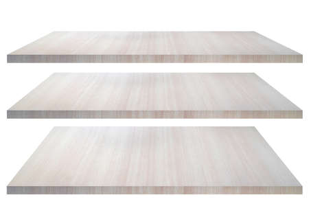 collection of brown wooden shelves on a white background that separates the objects, for the designs and decorationの写真素材
