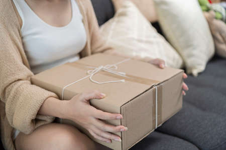 Overjoyed lady holding cardboard parcel, receiving desired delivery, getting her online order at...