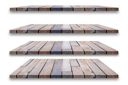 A collection of brown wooden shelves on a white background that separates the objects. There are clipping paths for the designs and decorationの写真素材