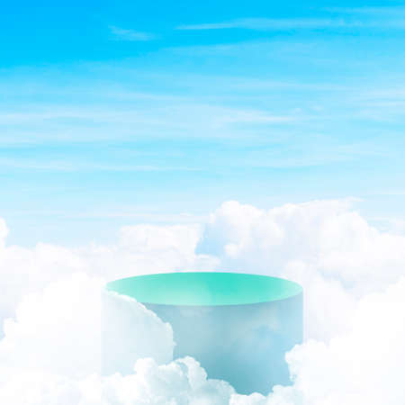 3d simple product podium psd with clouds on blue background. Premium Psdの写真素材