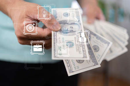 Businessman paying dollar banks with idea finance concept icons for creative using money background....