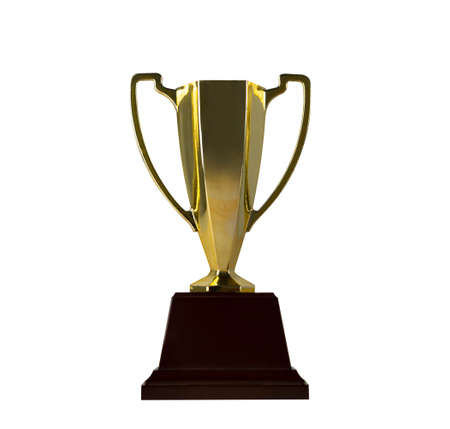 Brass steel trophy, dual handle neo-classic, isolated on white. Trophy is a tangible, durable reminder of a specific achievement, serves as recognition / evidence of merit, awarded for sporting eventsの写真素材