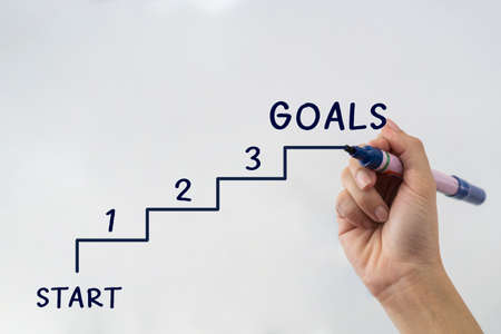 Hands drawing step up toward goal moving up for business education concept.の写真素材