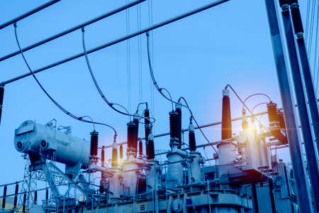 High voltage power transformer substation. Substation equipment and lines and pylonsの写真素材