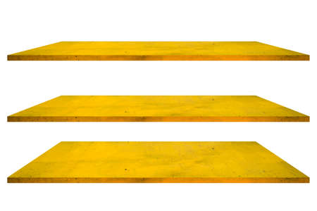 Set of golden metal or iron shelves isolated on the background of the wall, gold polished metal steel texture.の写真素材
