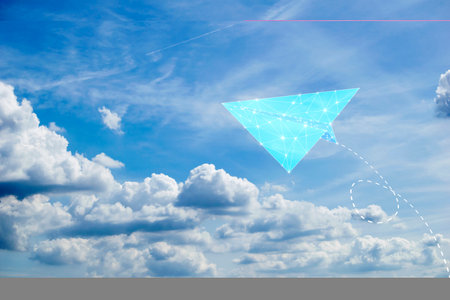 Blue origami paper plane dash line track with loop in the sky. Back to school text in white cloud. Flat design. Blue background.の写真素材