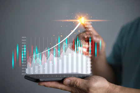 planning and strategy, Stock market, Business growth, progress or success concept. Businessman or trader is showing a growing virtual hologram stock, invest in trading.の写真素材