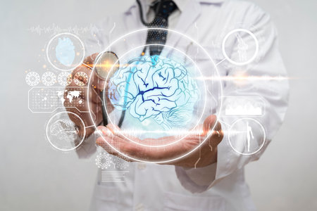 Doctor, surgeon analyzing patient brain testing result and human anatomy on technological digital futuristic virtual interface, digital holographic, innovative in science and medicine conceptの写真素材