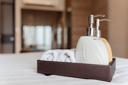 Bathroom accessories preparation on the bed in a room of hotel or apartment. well and nice preparation of bath facilities for hotel services. set of bath services on the bed in hotel.の写真素材