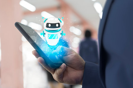 Businessman on blurred background using digital chatbot robot application 3d rendering. Ai technologies. businessman using digital chatbot robot application on smartphoneの写真素材