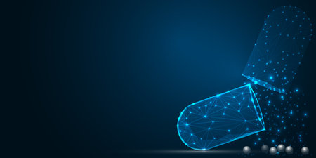 Pills. Abstract polygonal wireframe capsule pills on blue. Medical, pharmacy, health, vitamin, antibiotic, pharmaceutical, treatment concept illustration or backgroundの写真素材