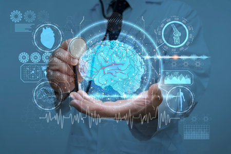 Doctor, surgeon analyzing patient brain testing result and human anatomy on technological digital futuristic virtual interface, digital holographic, innovative in science and medicine conceptの写真素材