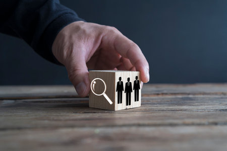 Hand holding wooden block with magnifying glass icon to find human icon on wooden cube block, human development concept.の写真素材
