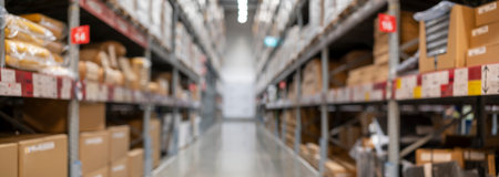 Logistic, storage, shipment, industry and manufacturing concept. Cargo boxes storing at warehouse shelves bokeh. Rows of shelves with boxes in modern warehouseの写真素材