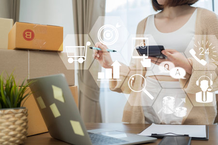 Woman click on virtual e-shop button with shopping cart. e-commerce and b2c concept. Online shopping addiction with shopping icons.の写真素材
