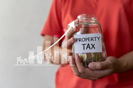 Property tax word with coin in glass jar and graph up, financial, saving money concept. woman hand holding budget buy house real estate agent.の写真素材