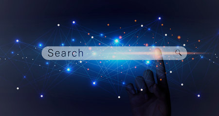 Businessman pointing at search bar on virtual screen. Search engine optimization business concept,...