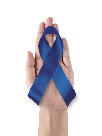 Colon cancer and colorectal cancer awareness, Acute Respiratory Distress Syndrome (ARDS), Juvenile Arthritis, Tuberous Sclerosis with Dark blue ribbon isolated on white backgroundの写真素材