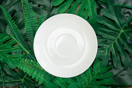 Empty white circular tile plates resting on green tropical leaves. Can put advertising media, text, images for presentationsの写真素材