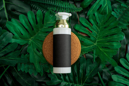 Monocolor scene for cosmetic product presentation. Cosmetic jar and green leaf on color background. White product bottle, golden cap, black paper product label.の写真素材