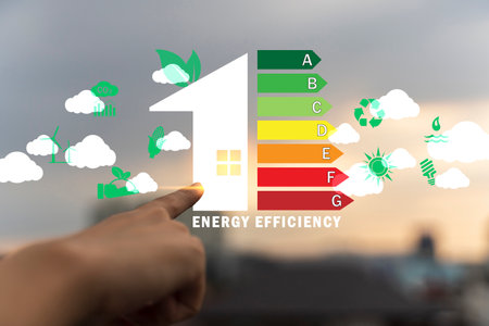 Energy efficiency and green energy concept, woman hand touch energy efficiency symbols with wind turbines. energy efficiency rating chartの写真素材